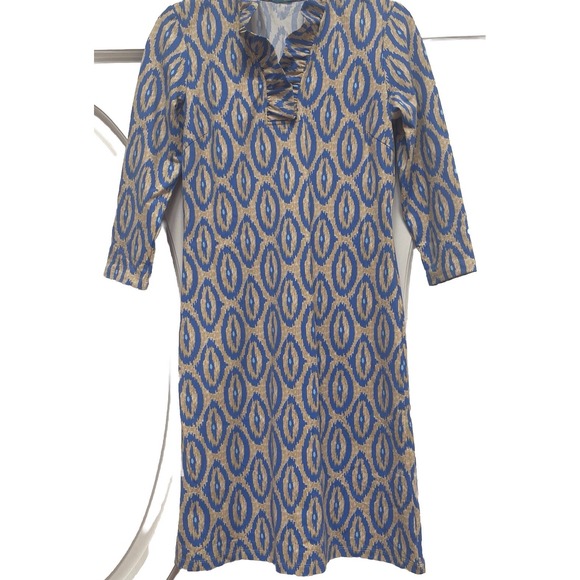 J. McLaughlin Dresses & Skirts - J‎ McLaughlin XS Dress Ruffled Collar LS Ikat Pattern Blue
